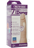 Vac-U-Lock Thin 7-Inch Dong Attachment in white packaging featuring lifelike texture and classic design