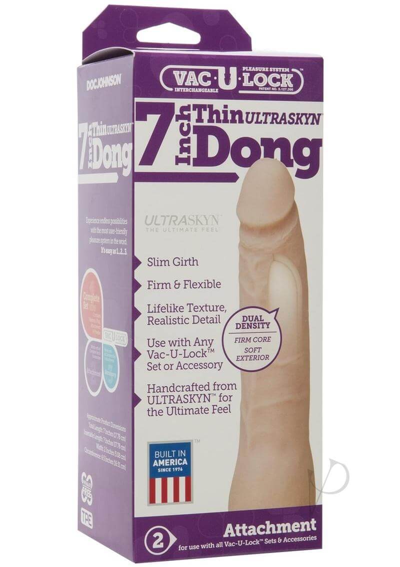 Vac-U-Lock Thin 7-Inch Dong Attachment in white packaging featuring lifelike texture and classic design