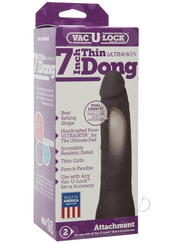 Vac U Lock Thin 7-inch Dong Black attachment in packaging with classic design and realistic detailing for ultimate pleasure.