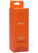 RELAX Anal Relaxer Gel in orange box, 2oz bottle for a comfortable anal experience with gentle warming sensation, suitable for all users.