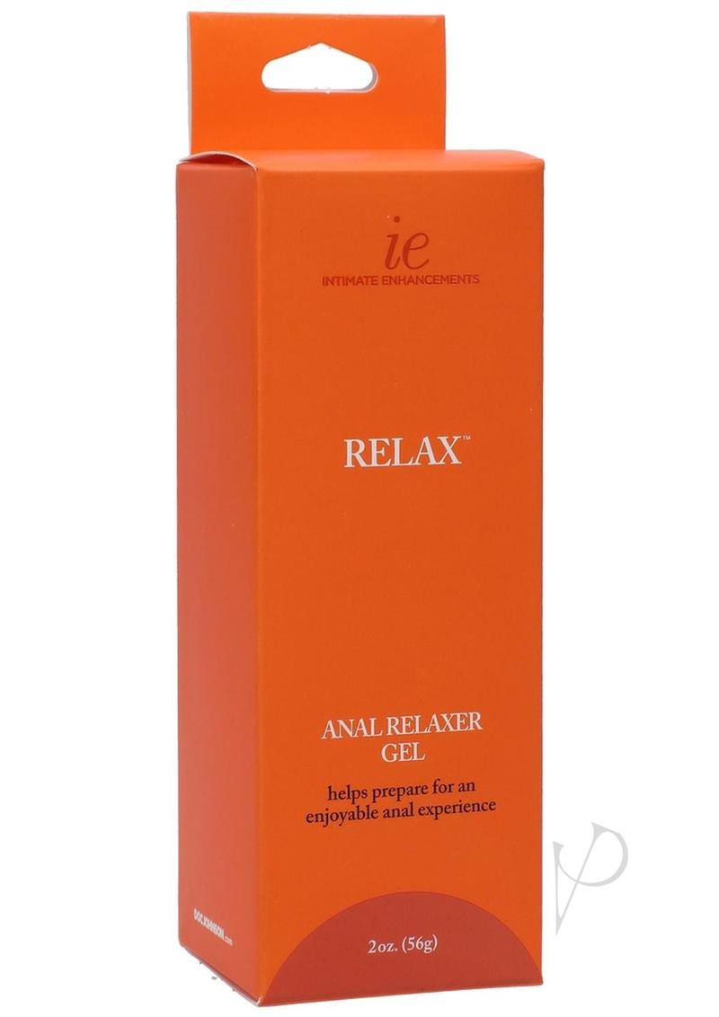 RELAX Anal Relaxer Gel in orange box, 2oz bottle for a comfortable anal experience with gentle warming sensation, suitable for all users.