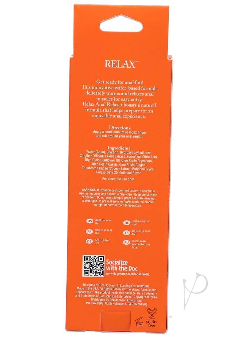 RELAX Anal Relaxer packaging showing instructions and ingredients for a comfortable anal experience.