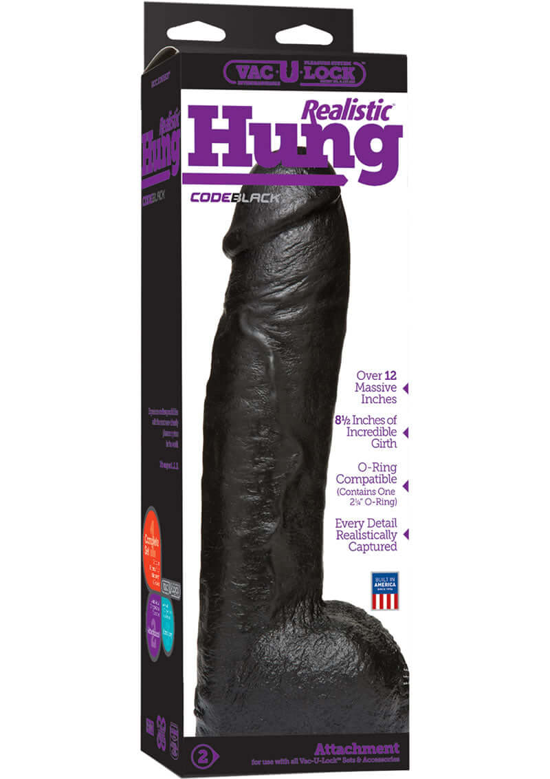 Vac-U-Lock Codeblack Realistic Hung Dildo in packaging showcasing over 12 inches for substantial pleasure.