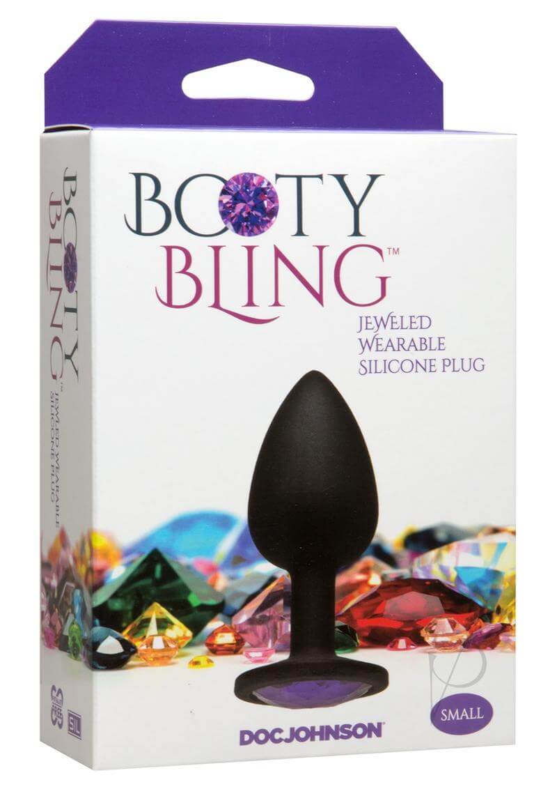 Booty Bling Small Purple butt plug packaging with sparkling gems and black silicone design.
