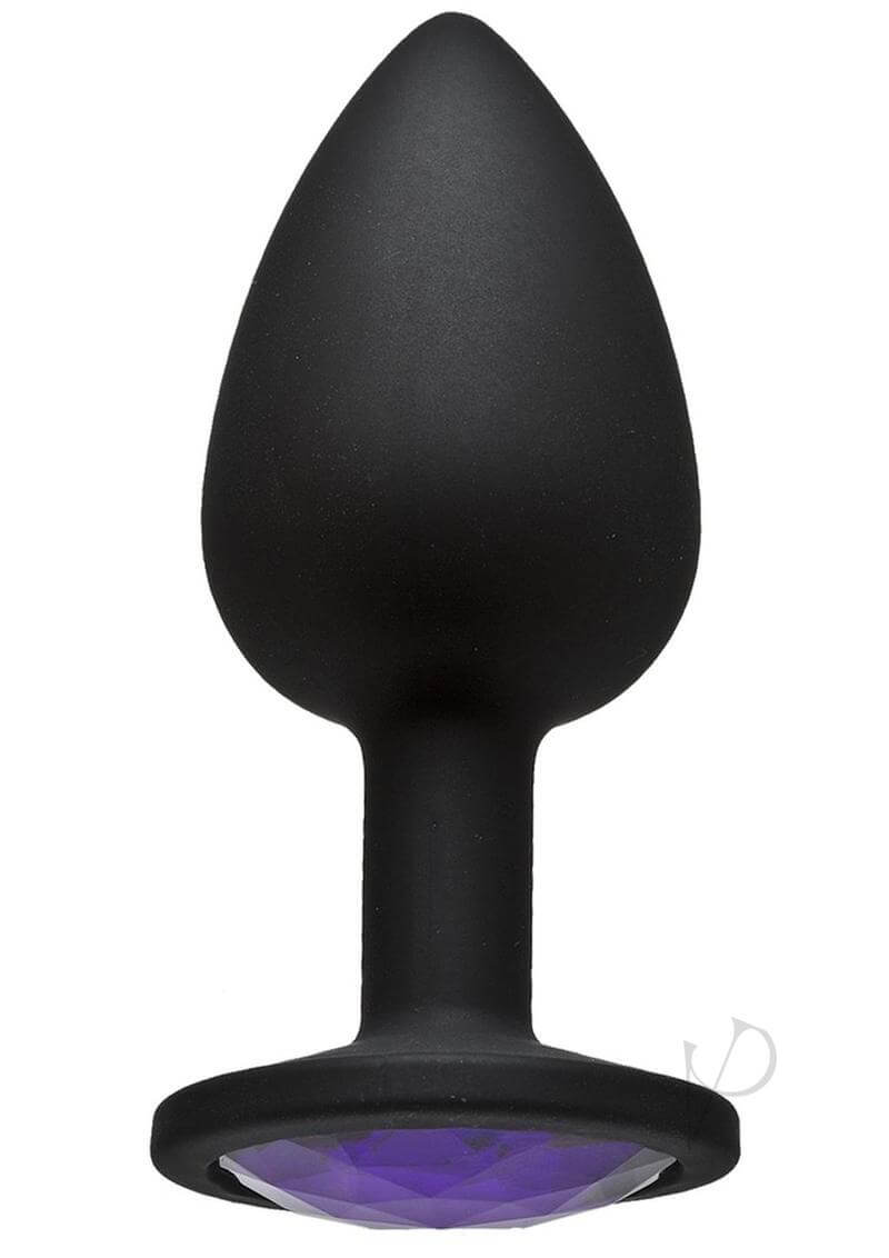 Booty Bling Small Purple butt plug with a sparkling purple gem and black silicone design for intimate moments.