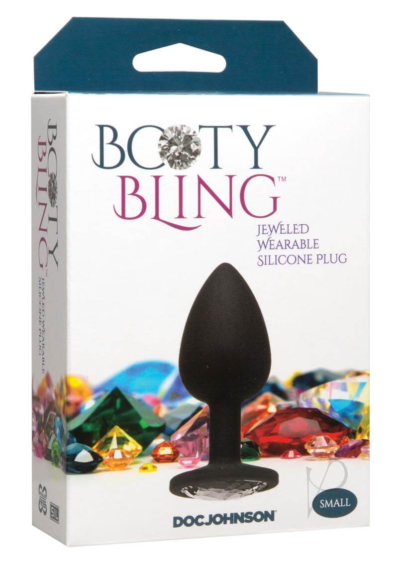Booty Bling Small Silver jeweled wearable silicone plug packaging with colorful gems