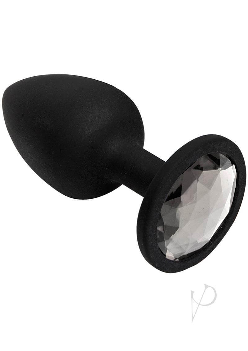 Booty Bling Small Silver butt plug with dazzling gem detail and black silicone design for elegant intimate play.