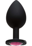 Booty Bling Large Pink butt plug with dazzling pink gem and black silicone for elegant intimate play.