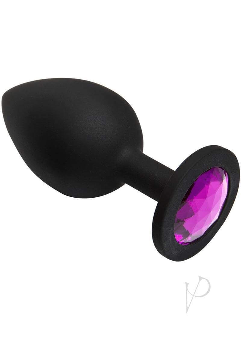 Large pink gem butt plug from Booty Bling for intimate play, featuring elegant black silicone and dazzling jewel for visual stimulation.
