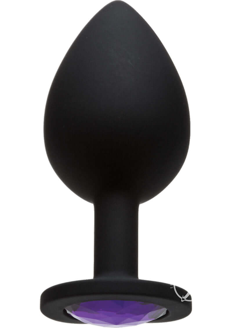 Booty Bling Large Purple butt plug with radiant purple gem and black silicone design for intimate play.