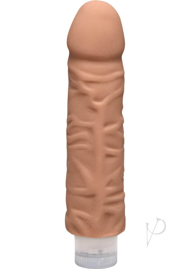 Shakin' D 7 Vibrating Caramel Dildo with Lifelike ULTRASKYN Sleeve and Plush Contoured Head for Intense Pleasure.