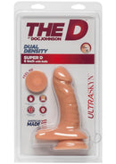 The Super D 6 Vanilla Dildo in packaging showcasing dual density lifelike texture, realistic feel, and American-made quality.