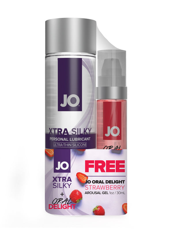 JO XTRA Silky 4 Oz Silicone Lubricant+Oral Delight Strawberry 1 Oz