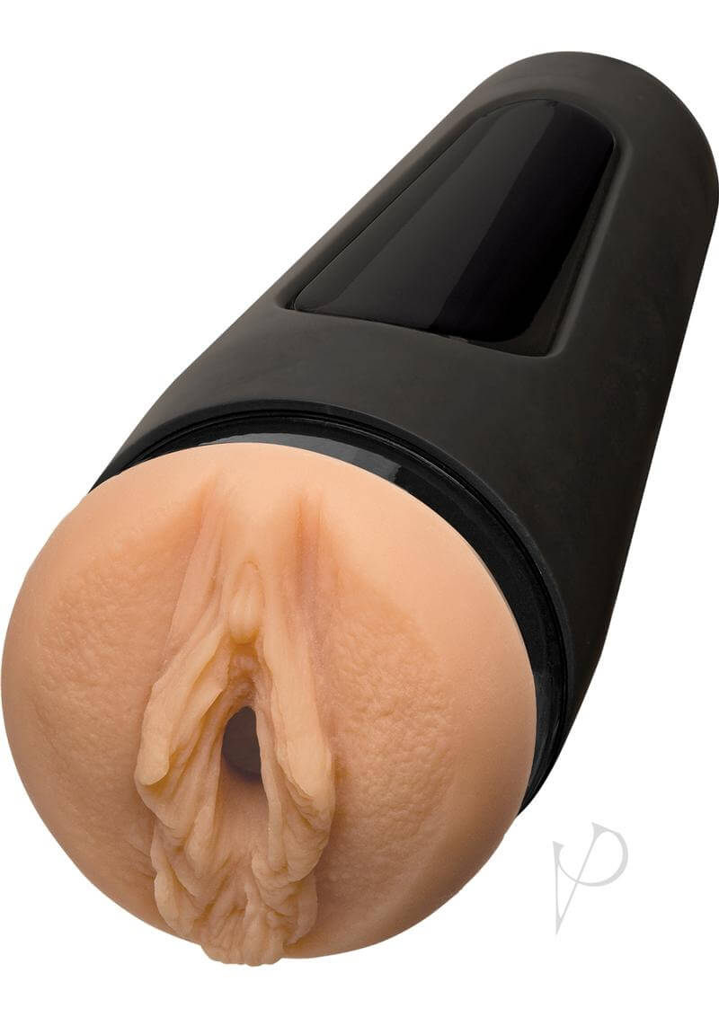 Main Squeeze Belladonna ULTRASKYN Pussy Vanilla masturbator with squeezable grip and suction-adjusting end cap.