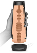 Cross-section view of Main Squeeze Belladonna ULTRASKYN pussy masturbator with internal texture and adjustable grip being held by a hand.