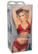 Main Squeeze Blair Williams ULTRASKYN Stroker packaging showcasing product features and model in sensual red lingerie
