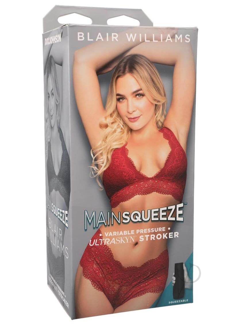 Main Squeeze Blair Williams ULTRASKYN Stroker packaging showcasing product features and model in sensual red lingerie