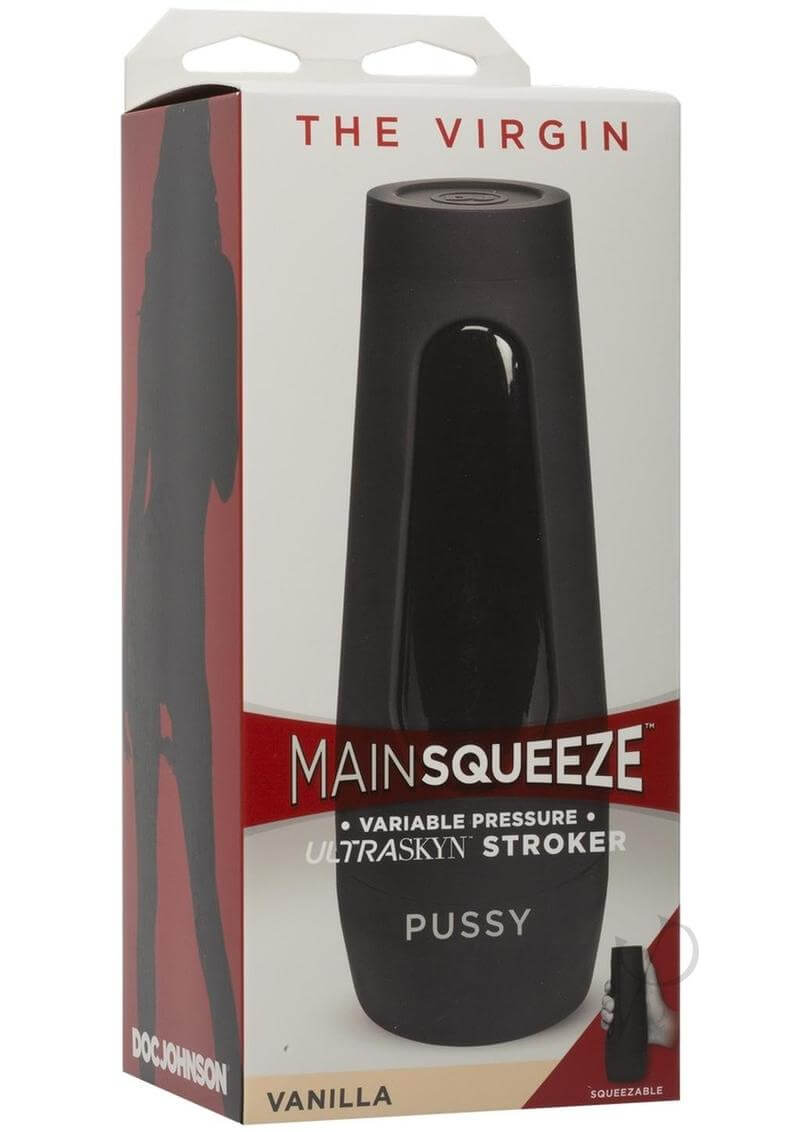 Main Squeeze Virgin Pussy Vanilla ULTRASKYN Stroker in box with squeezable grip and adjustable suction end cap