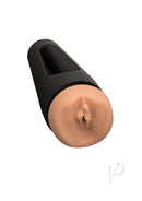 Main Squeeze Virgin Pussy Vanilla ULTRASKYN stroker with squeezable grip and customizable suction end cap in black and beige color.