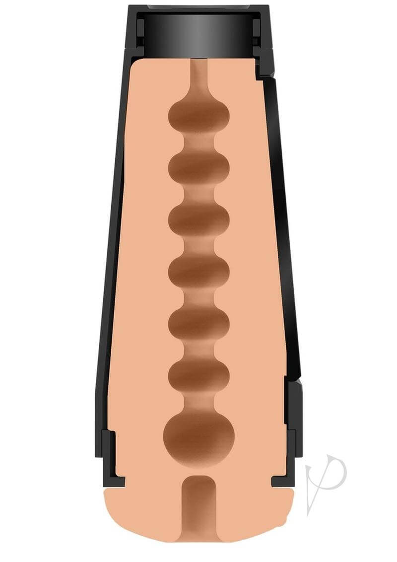 Cross-section view of Main Squeeze Virgin Pussy Vanilla pleasure toy showcasing its textured internal design and squeezable grip.