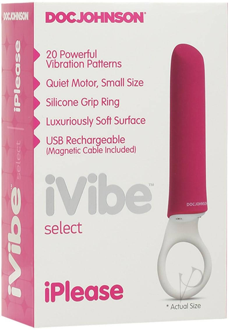 Pink Ivibe Select Iplease mini-vibe packaging with 20 vibration patterns, silicone grip ring, USB rechargeable, and discreet design.