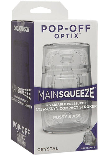 Main Squeeze Pop-Off Optix Double-Ended Stroker Packaging - Transparent Design, Crystal Color, Compact Squeezeable Pleasure Stroker