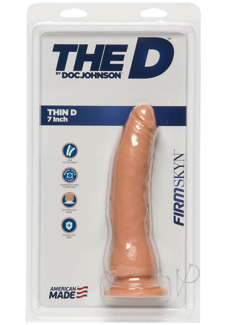 Thin D Firmskyn 7 Vanilla Dildo in packaging, showcasing lifelike detail and design for ultimate length insertion.
