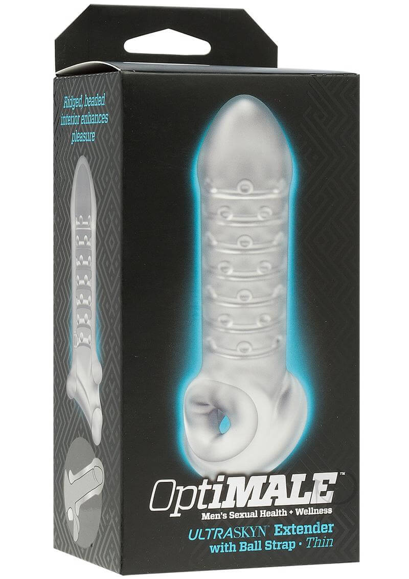 OptiMALE Thin Extender with Ball Strap box showing the soft and stretchy sleeve for enhanced pleasure