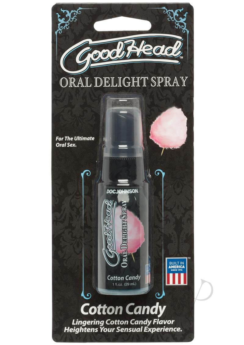 Doc Johnson GoodHead Oral Spray Cotton Candy 1oz packaging - Oral Delight Spray enhances intimate experiences with luscious cotton candy flavor