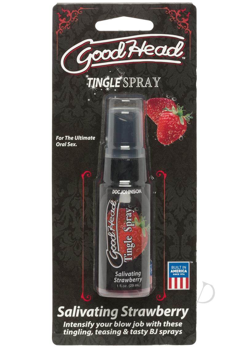GoodHead Lickable Spray Strawberry by Doc Johnson in packaging, tingling and tasty oral spray for enhanced intimate moments, 1 oz bottle.