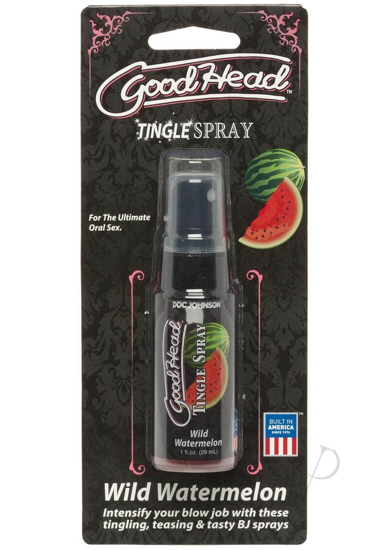 Doc Johnson GoodHead Tingle Spray 1oz Watermelon Flavor packaging with watermelon graphic and product description.