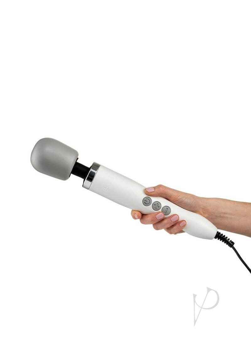 Hand holding Doxy Massager White, a powerful body massager with variable speed control for muscle relaxation and relief from aches and pains