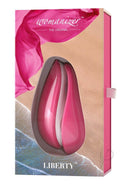 Womanizer Liberty Pink Rose with travel cover, six levels of quiet stimulation, and mind-blowing pleasure for confident women
