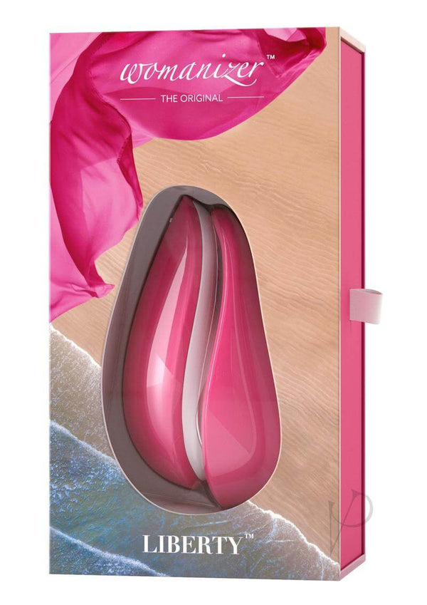 Womanizer Liberty Pink Rose with travel cover, six levels of quiet stimulation, and mind-blowing pleasure for confident women