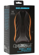 OptiMALE Silicone Warming Stroker packaging showcasing 10 vibrating functions and sleek design.