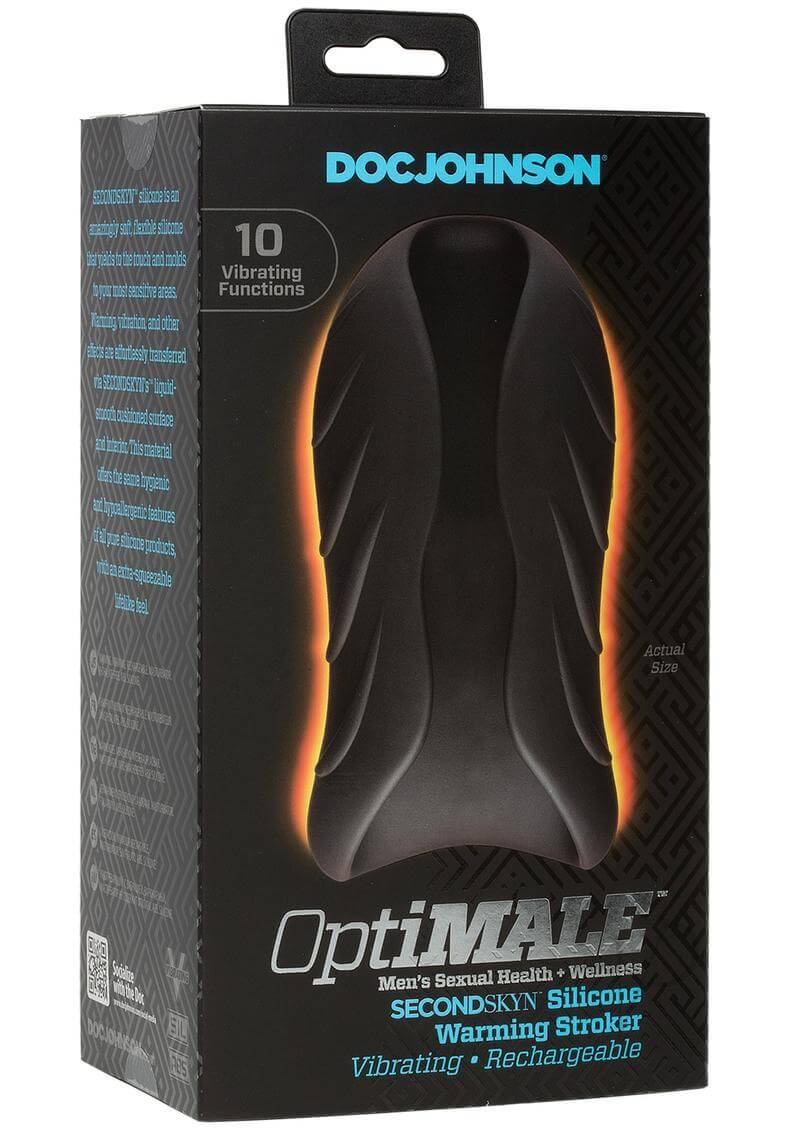 OptiMALE Silicone Warming Stroker packaging showcasing 10 vibrating functions and sleek design.