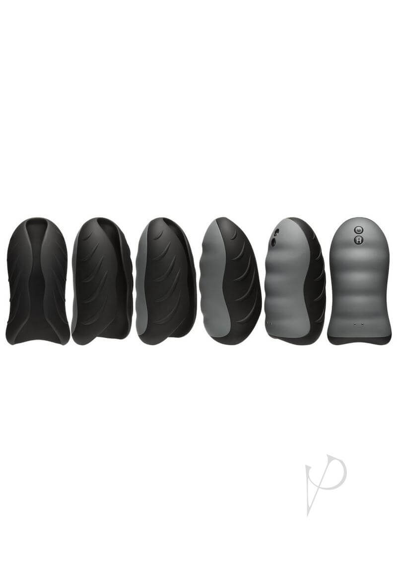 OptiMALE Silicone Warming Stroker with hard plastic outer shell and 10 vibration modes - front and back views.