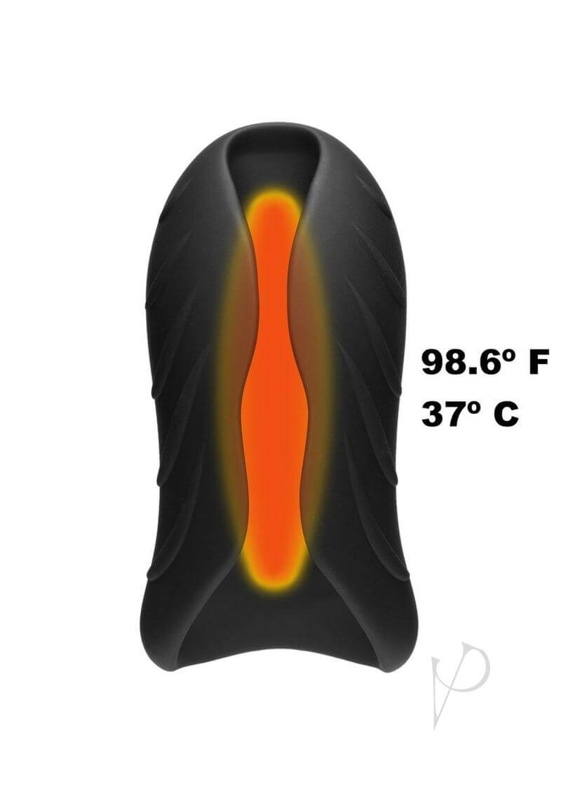 OptiMALE Silicone Warming Stroker with 10 Vibration Modes, Black and Orange, 98.6°F37°C Heat Preparation