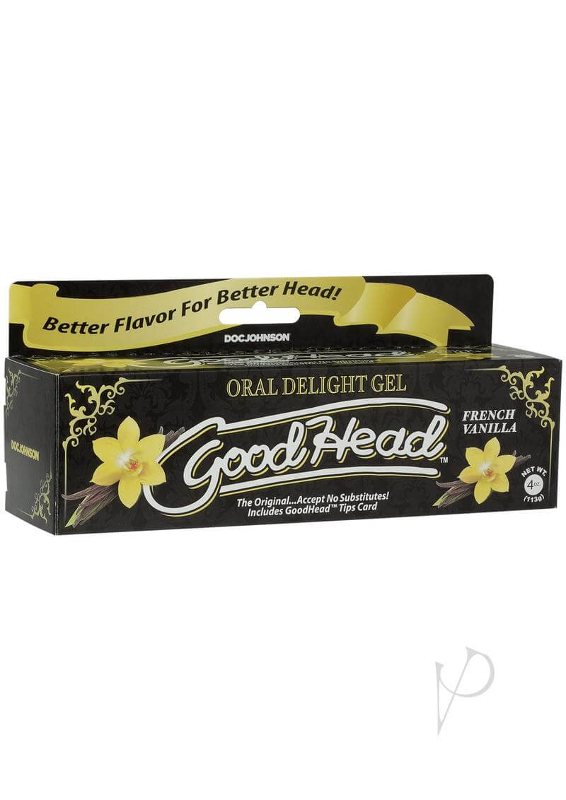 GoodHead Oral Delight Gel Vanilla 4oz packaging by Doc Johnson, featuring irresistible French vanilla flavor for enhanced intimate moments.