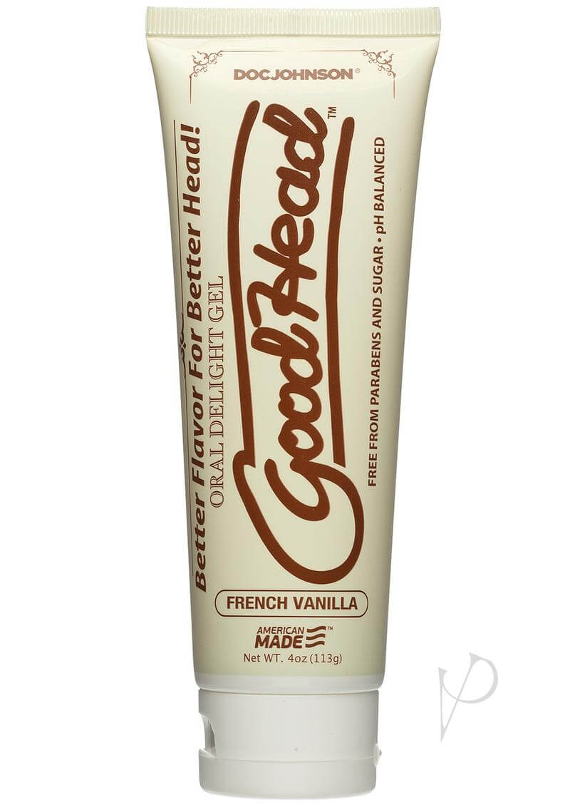 GoodHead Oral Delight Gel Vanilla 4oz by Doc Johnson in cream-colored tube with text "Better Flavor For Better Head" and "French Vanilla"