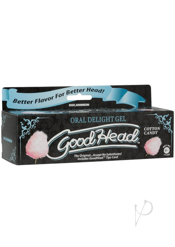GoodHead Oral Delight Gel 4 Oz Cotton Candy flavor in packaging, body-safe, FDA-certified, enhances intimate experiences with sweet taste.