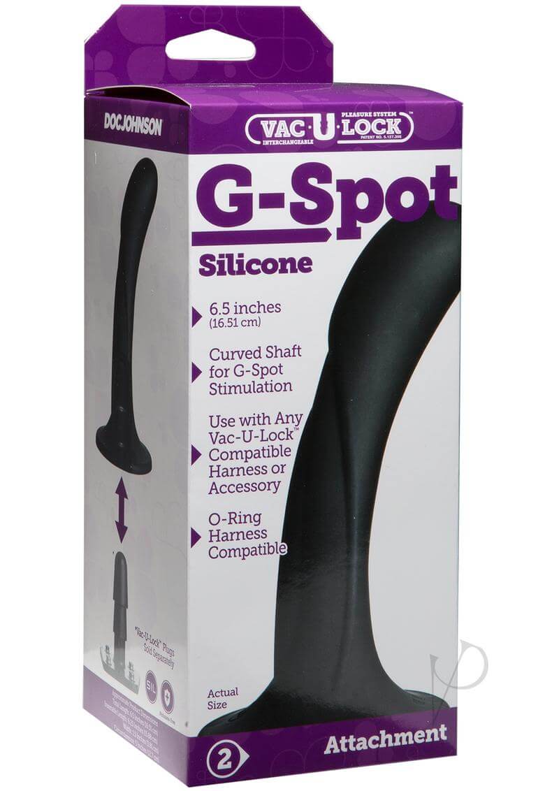 Vac-U-Lock G-Spot Silicone Attachment in packaging showcasing curved shaft and compatibility details.