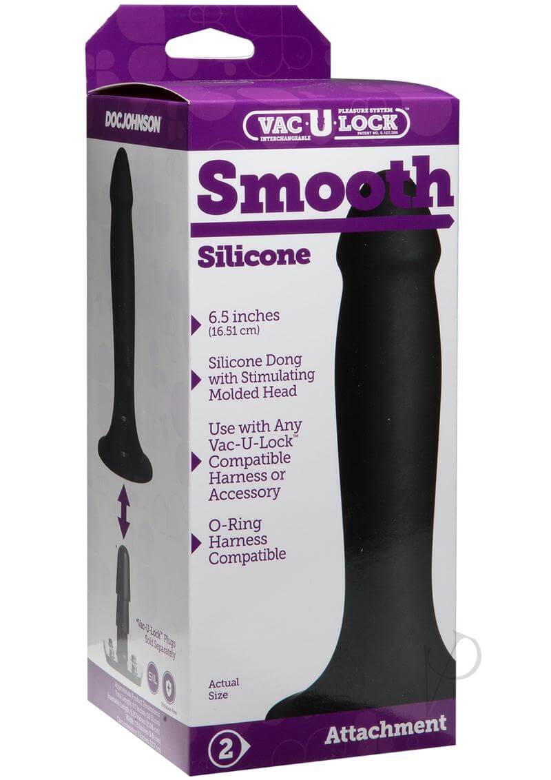 Vac-U-Lock Smooth Silicone Attachment in packaging, 6.5 inches, compatible with any Vac-U-Lock harness, featuring a molded head.