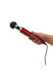 Person holding Doxy Number 3 Candy Red Wand Vibrator with continuous power cord visible.