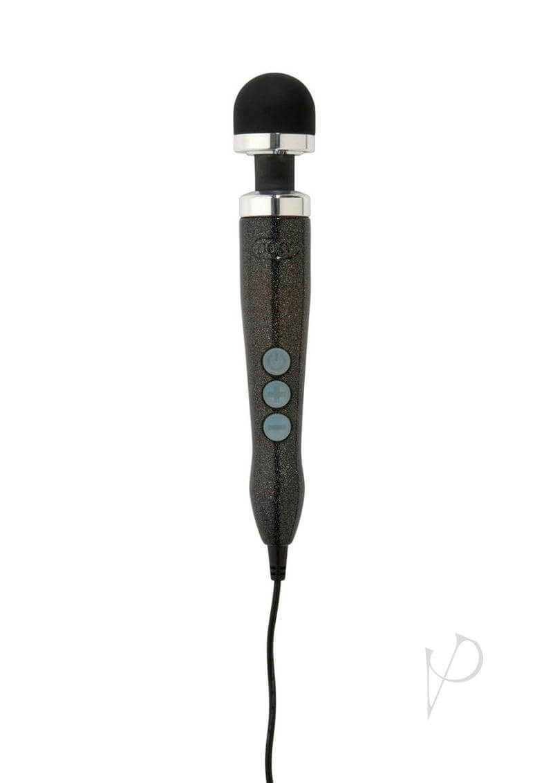 Doxy Die Cast 3 Disco Black compact powerful magic wand massager with blue control buttons and sleek design.