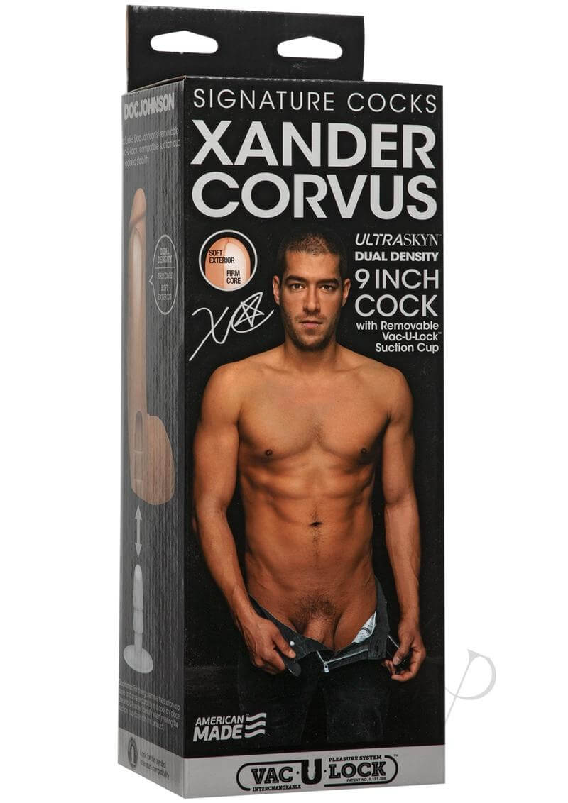Packaging of Xander Corvus Signature Ultraskyn 9" Dildo replica with award-winning star likeness.