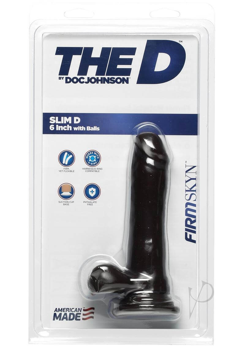 The D Slim D with Balls Firmskyn 6 Inch Chocolate pleasure toy in packaging by Doc Johnson