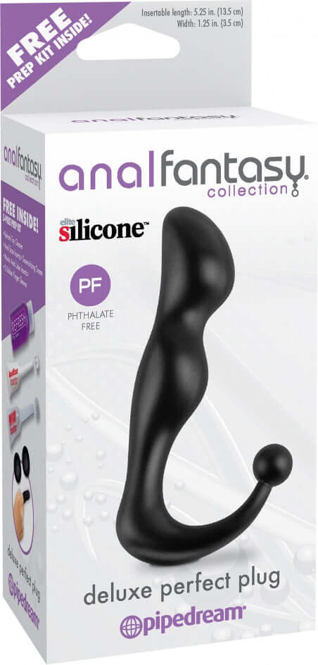Deluxe Perfect Plug in packaging from Anal Fantasy Collection by Pipedream, featuring ergonomic design, 1.25-inch width, and 5.25-inch insertable length.