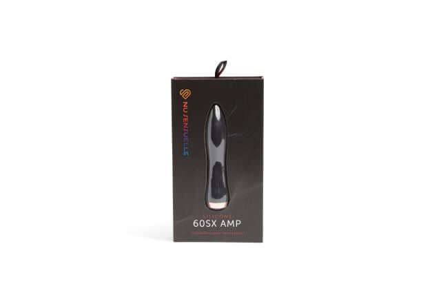 Sleek black Sensuelle 60SX Amp Silicone Bullet Vibrator in packaging, showcasing the most powerful bullet vibrator with 12 power intensities