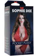 Signature Strokers Sophie Dee Realistic Pocket Pussy packaging featuring Sophie Dee in red lingerie.